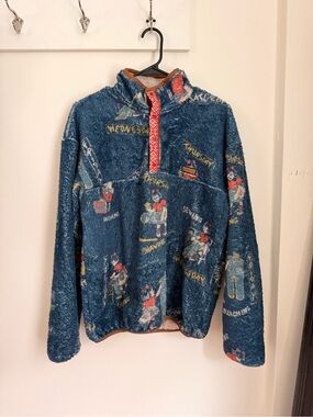 Kapital Blue Graphic Fleece Pullover with Red Trim